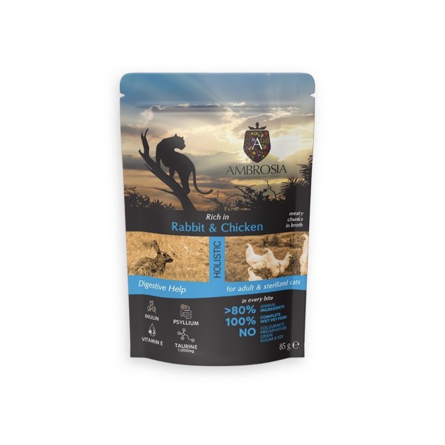 Ambrosia Pouch Cat adult & Sterilised Rabbit & Chicken Digestive Help 85gr