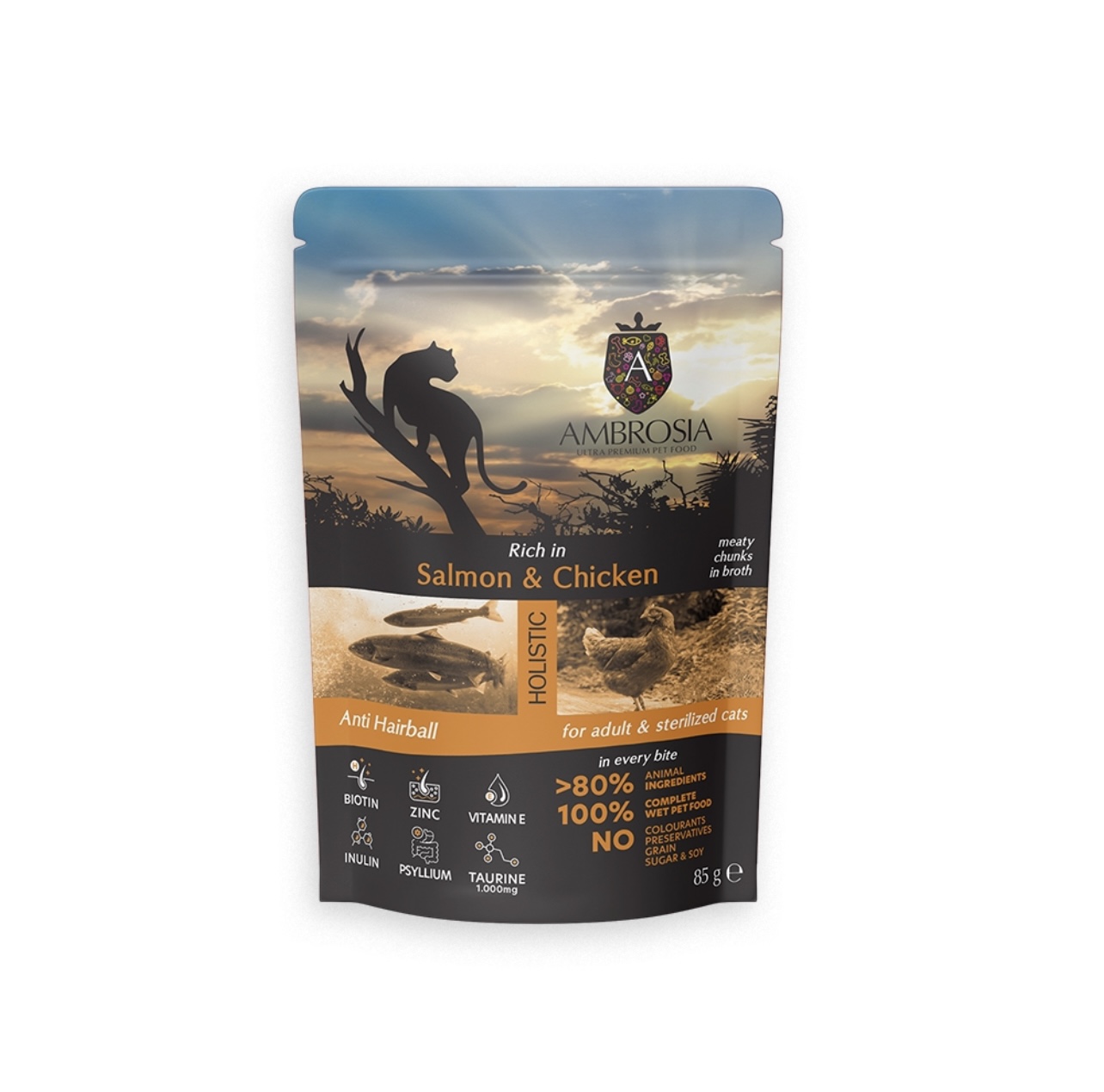 Ambrosia Pouch Cat Adult & Sterilised Salmon & Chicken Anti Hairball 85gr